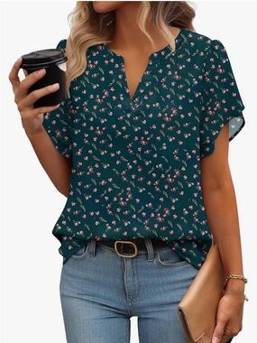 Zeagoo Women's Lightweight Flowy Double-Layered Floral Chiffon Blouse Size L